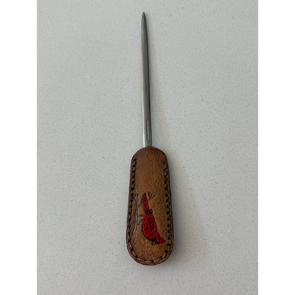 Vintage Stainless Steel Japan Letter Opener Leather Handle Cardinal Embossed